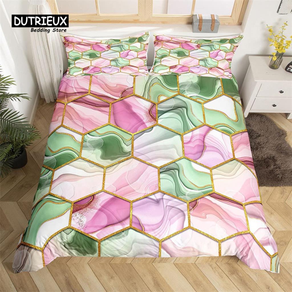 Marble Duvet Cover Set Microfiber Geometric Hexagone Quilt Cover Honeycomb Bedding Set Single King Queen For Kids Teens Adults