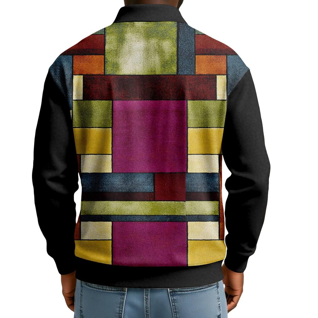 Men's Casual Loose Colorblock Print Lapel Button Long Sleeve Top