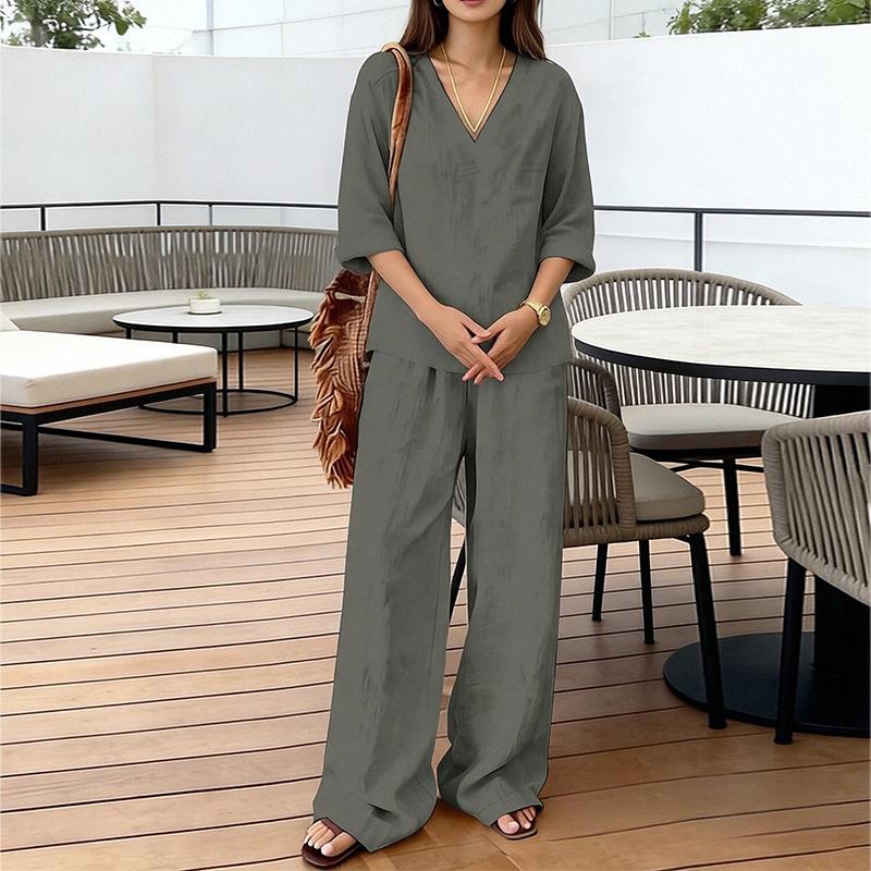 2026 Women's Spring New, Amazon Cross-border Europe and America, Fashion Casual Loose Solid Color Wide Leg Pants Set