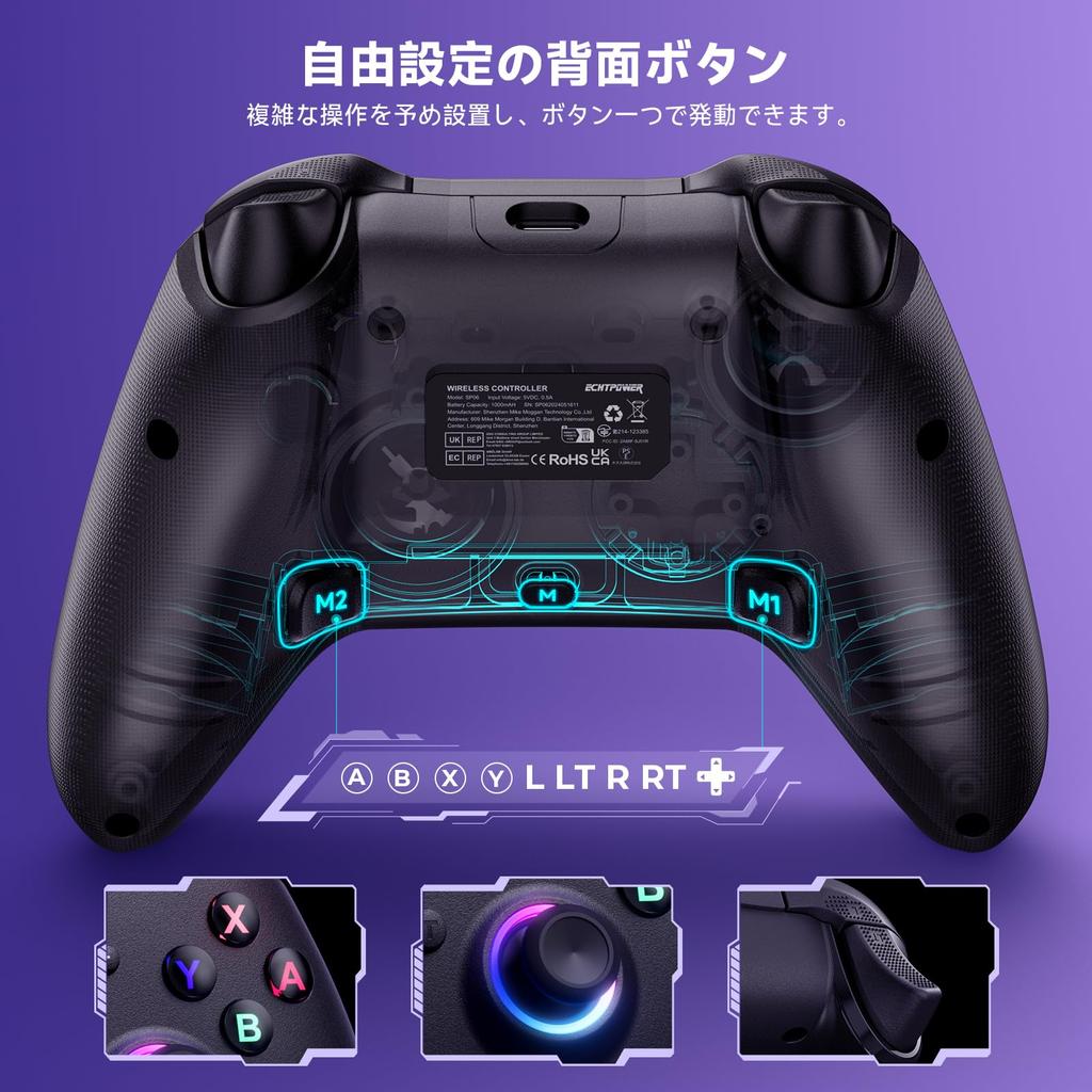 Switch RGB Turbo Rapid Back Vibration 1000mAh Pro Black Controller, Wireless/Wired, 6-Axis Gyro, Wireless, Lights, Fire, Buttons, 4-Level Adjustment,