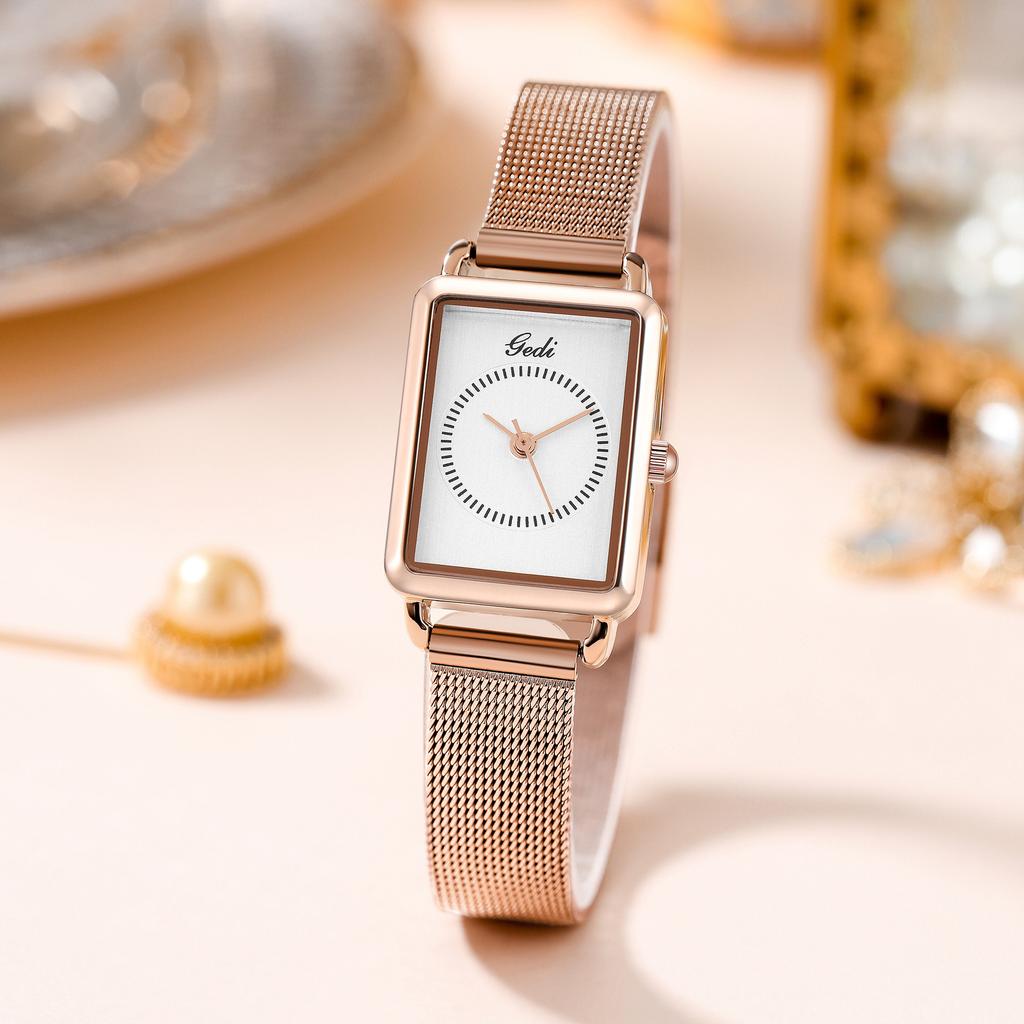 Retro Rectangular Small Dial Fashion Wind Stainless Steel Mesh Belt Temperament Small Waterproof Quartz Watch