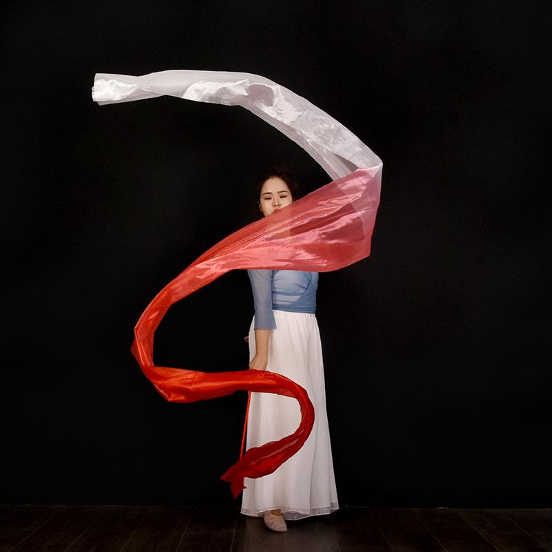 45*400cm Women Gradient Color Square Dance Belly Dance Practice Imitation Silk Streamer With Stick Chinese Style Flowy Ribbon