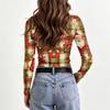 Damen Slim Fit Langarm-T-Shirt mit festlichem Aufdruck am Ausschnitt Lässiges Oberteil