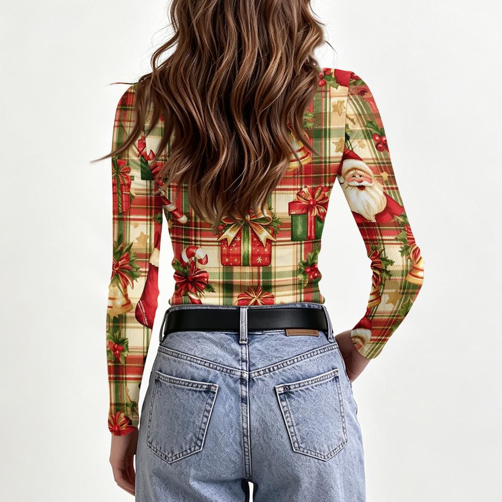 Damen Slim Fit Langarm-T-Shirt mit festlichem Aufdruck am Ausschnitt Lässiges Oberteil