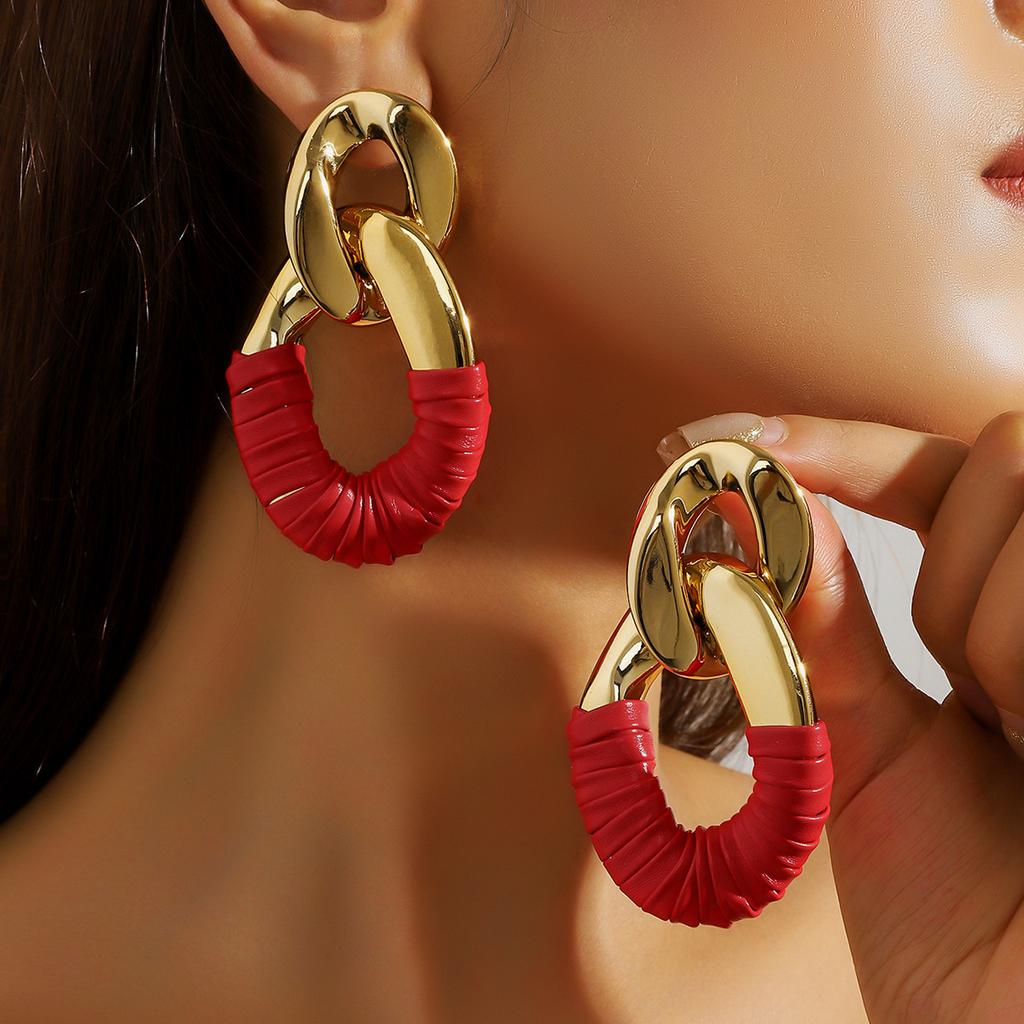 Exaggerated Pleated Oval Faux Leather Wrapped Silver Needle Earrings Premium Leopard Temperament Niche Earrings