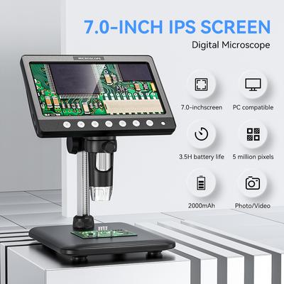 7-inch IPS Digital Microscope, 5MP 1200X Ultra-precision Focus Camera 1080p Video Microscope, 8-light Emitter Diode Lamp