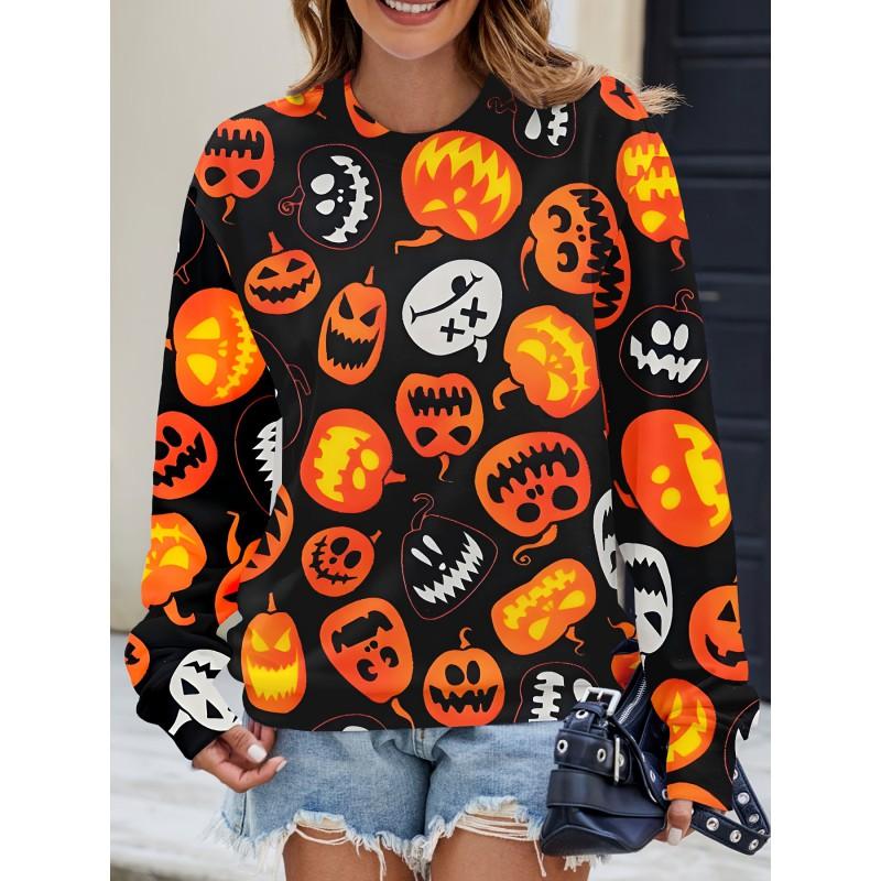Womens Casual Hoodie With 3D Halloween Print Round Neck Lightweight Breathable Fabric