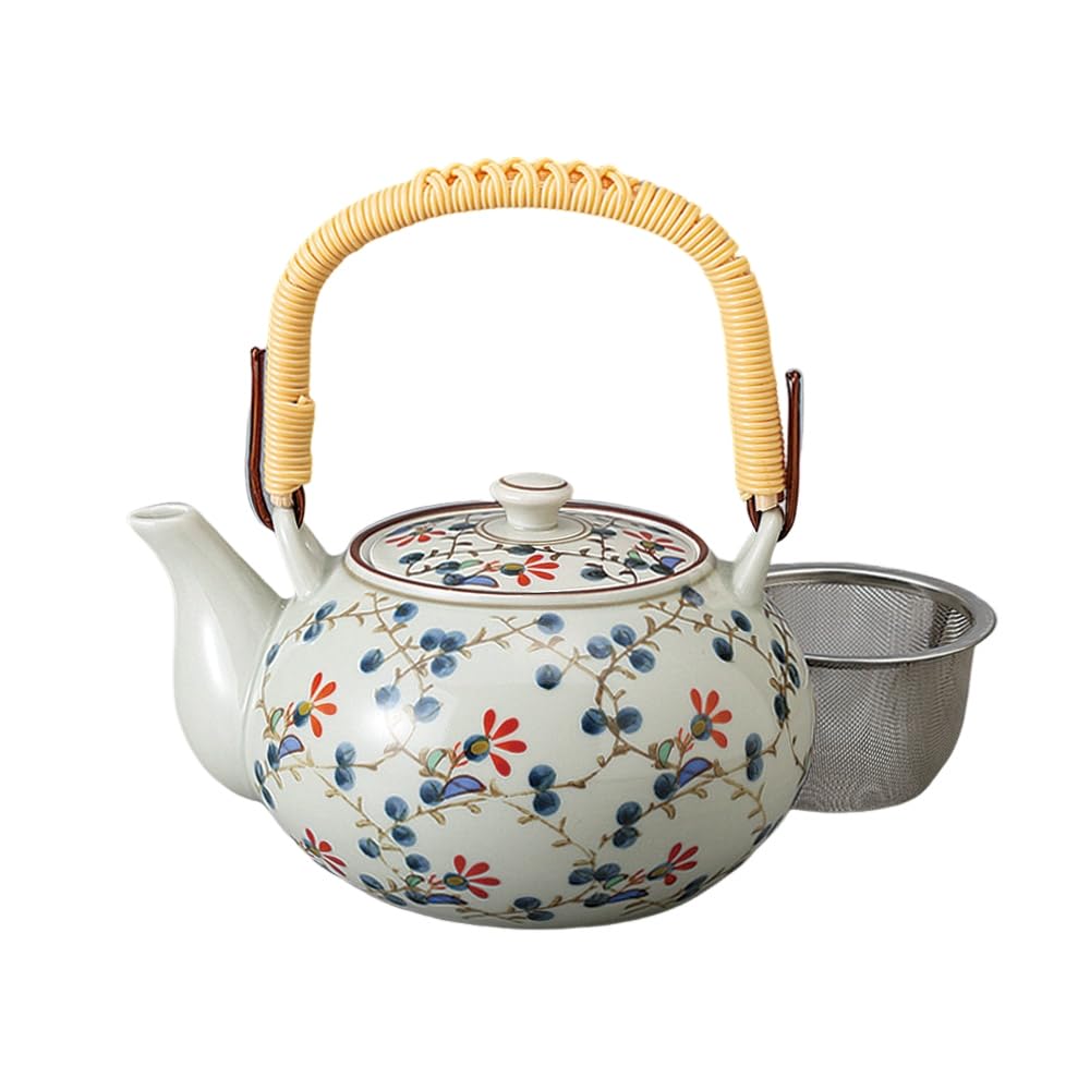 Teapot Steel with Arita Nishiki Kusa Hana Design with 4 Made in Stylish Ale-net (Stainless Strainer), 500cc, Ware, Basket, No. Teapot, Porcelain,