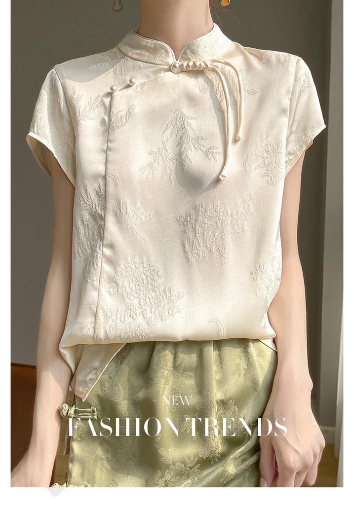 Women's 2025 Spring/Summer Chinese Faux Silk Jacquard Shirt - National Trend Tang Suit with Stand Collar and Diagonal Placket