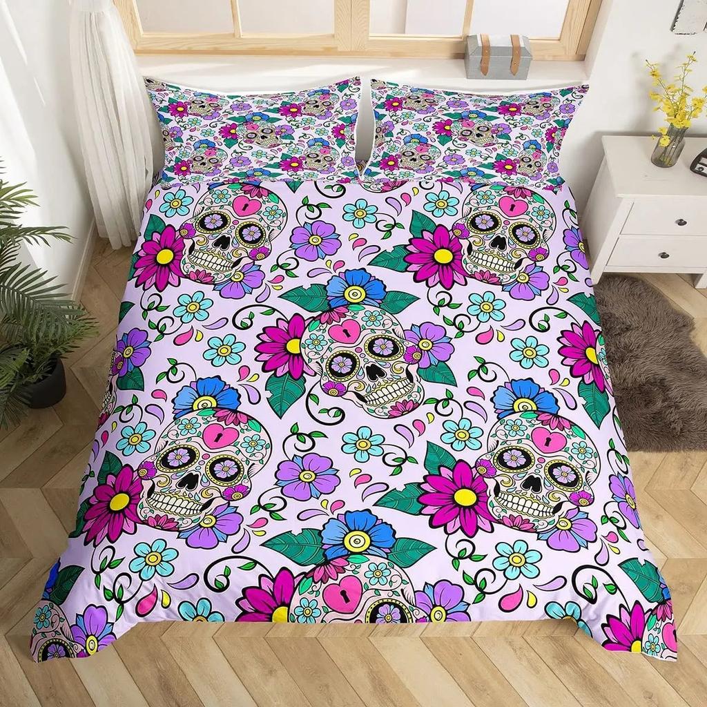 Sugar Skull Duvet Cover Colorful Vintage Floral Bedding Set Hippie Mexico Style Comforter Cover Gothic Skeleton Quilt Cover