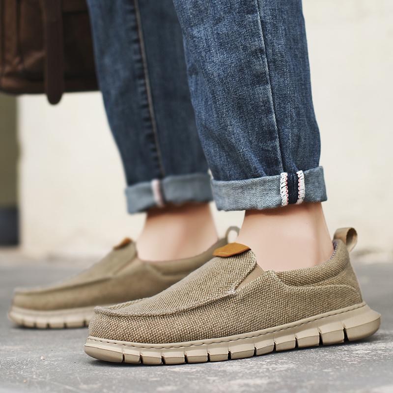 Men Outdoor Canvas Shoes Blue Slip on Sneakers Driving Shoes Casual Khaki Wide Head Shoes for Farther Plus Size Lightweight