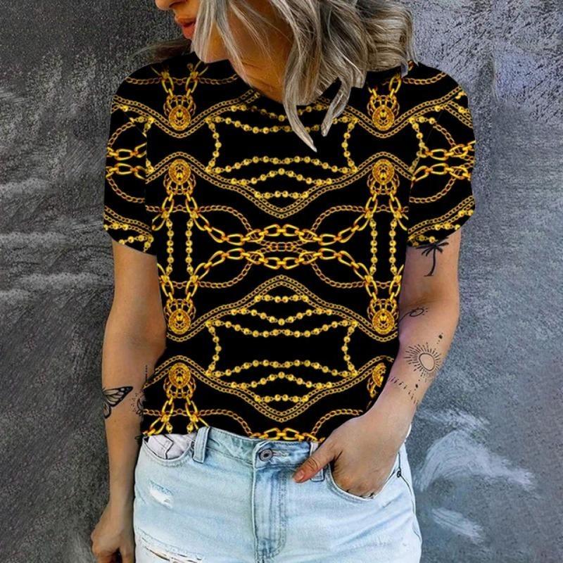 Black gold chain 3D printed T-shirt with round neck and short sleeves. Suitable for women to wear in spring and summer.