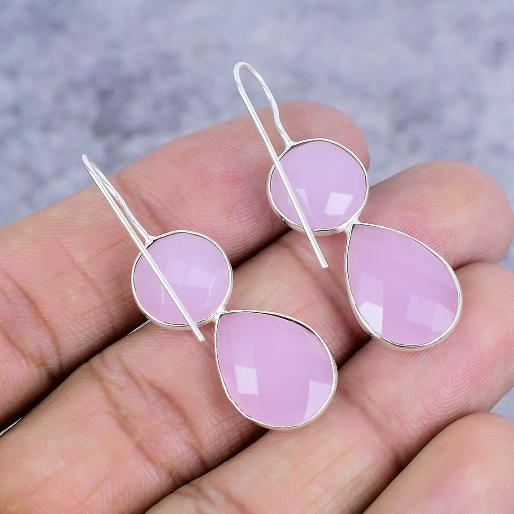 Pink Chalcedony Gemstone Handmade 925 Sterling Silver Jewelry Earring 1.77" M-2628