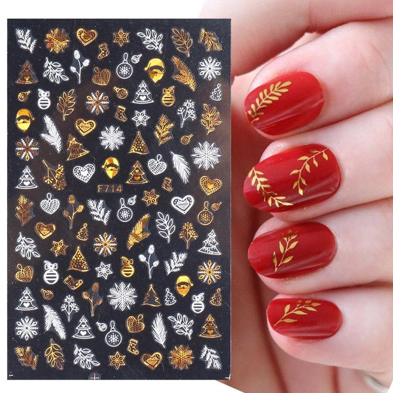 1 Pc 3D Snowflakes Leaf Geometry Lines Letter for Manicure Sliders Holographic Laser Gold White Christmas Nail Sticker