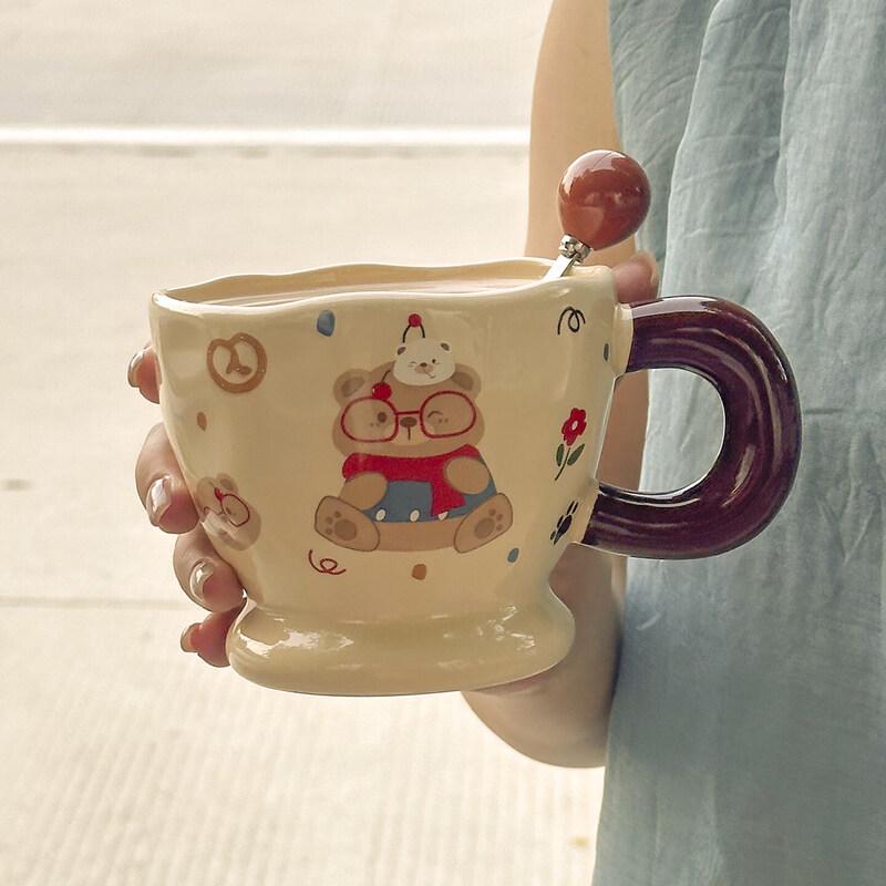 Cute Bear Ceramic Mug with Lid and Spoon