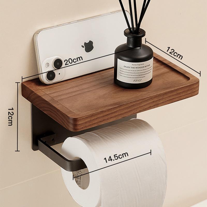 Punch-Free Black Walnut Paper Towel Holder & Wall-Mounted Tissue Dispenser with Mobile Phone Rack