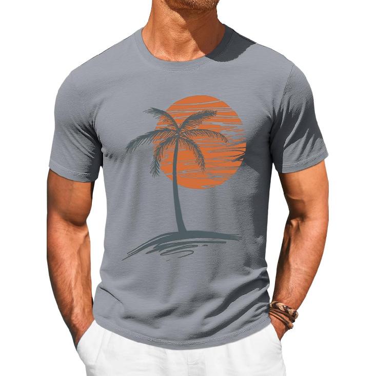 Runcati Mens Short Sleeve T-Shirts Graphic Crew Neck Shirt Printed Tees | Casual, Summer Beach, Sunset Palm Tree, Vintage Hawaiian Tees