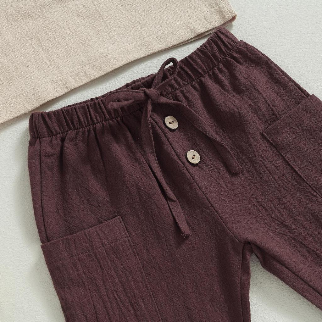 Conjuntos de calças 2 peças para meninos, 6 meses, 12 meses, 18 meses, 24 meses, 3 anos, 4 anos, blusas de manga comprida com botões e conjuntos de calças com cordão