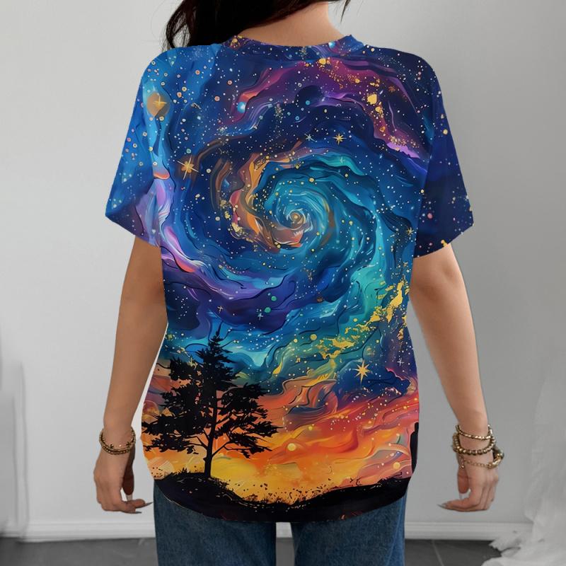 Top Blouse Woman Trend Women 3D Galaxy Print T Shirts Glitter Shirts Blouse Fashionable Starry Sky Summer Ropa Para Shirt