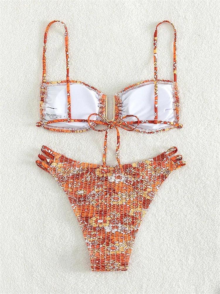 Sexy Pleate Micro Bikini Women U Neck Push Up Orange Floral Print Micro Swimsuit 2026 Summer Bathing Suit Lace Up Thong Swimwear