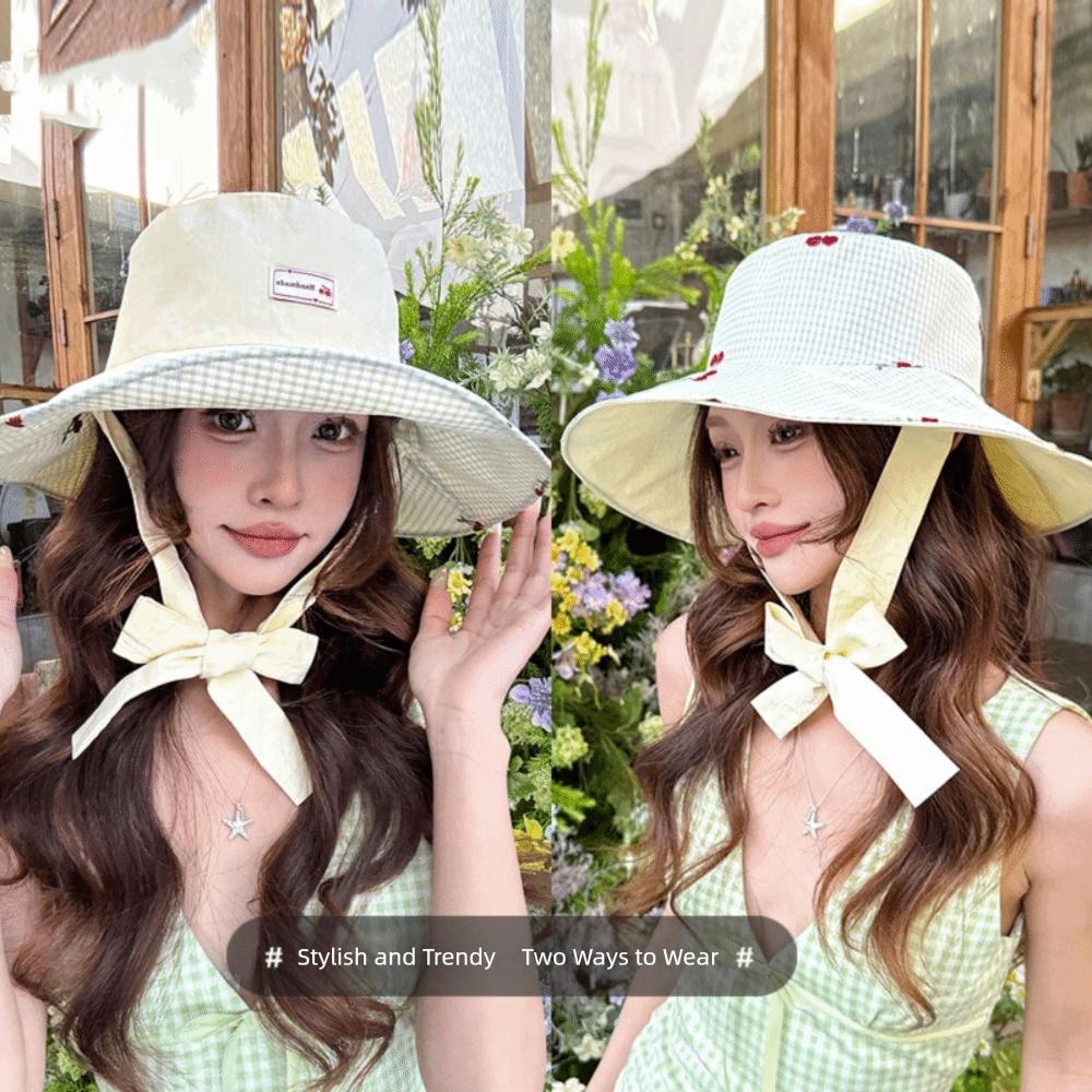 Lace Summer Sun Hat Double Sided Wearable Embroidered Cherry Bucket Hat Outdoor