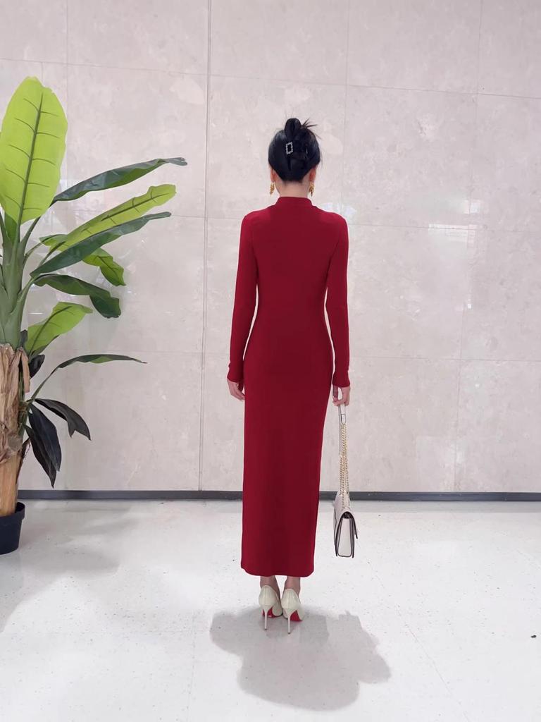 Elegant High-End Autumn Winter Dress: Warm, Semi-High Collar, Slimming Socialite Style
