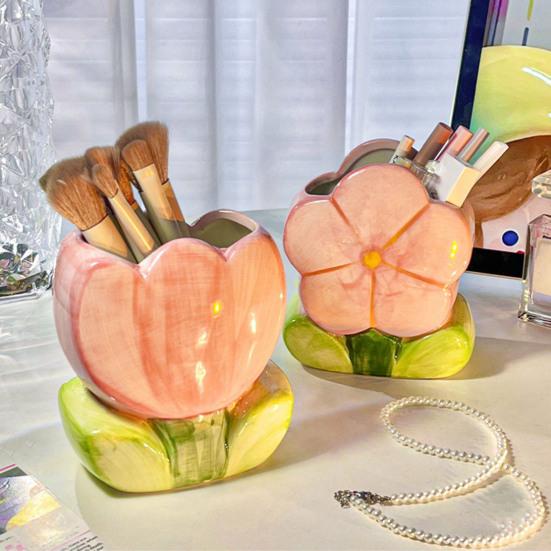 Ceramic Flower Pen Holder Cute Desk Office Storage Box Stationery Shelf Multifunctional Aesthetic Desktop Organizer for Makeup Tools Rulers Brushes