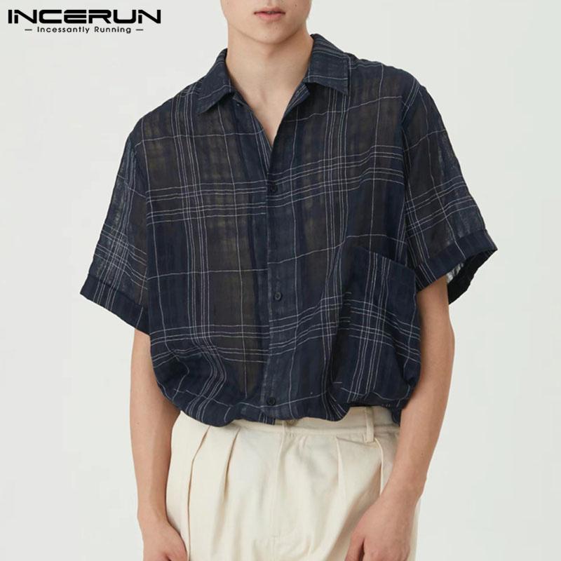 

INCERUN Летние тонкие мужские рубашки в клетку с короткими рукавами и топы