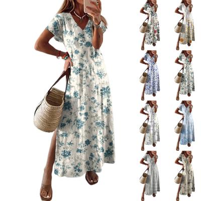 Women Summer Floral Dress Short Sleeve Beach Dress With Pockets Casual V-Neck Split Long T-Shirt Dress Travel Vacation