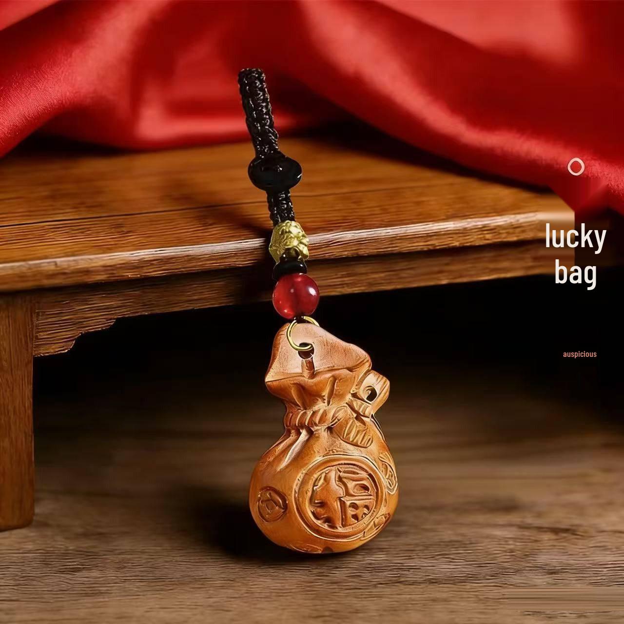 2026 Year of the Horse Peach Wood Carved Lucky Bag Keychain: Wealth-Attracting Protective Pendant