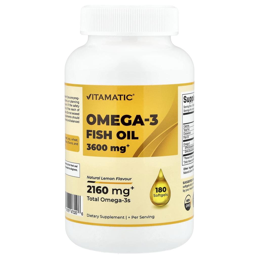 Vitamatic, Omega-3 Fish Oil, Natural Lemon Flavor, 180 Softgels