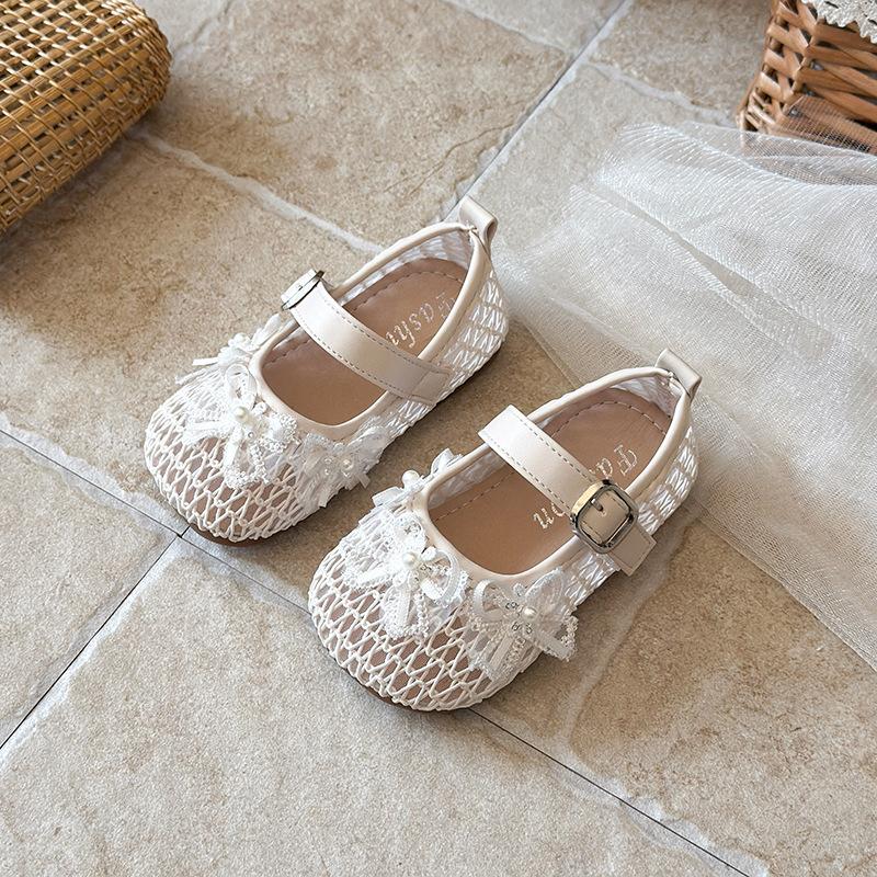 Girls Mesh Breathable Bow Decor Mary Jane Flat Sandals 21 бежевый