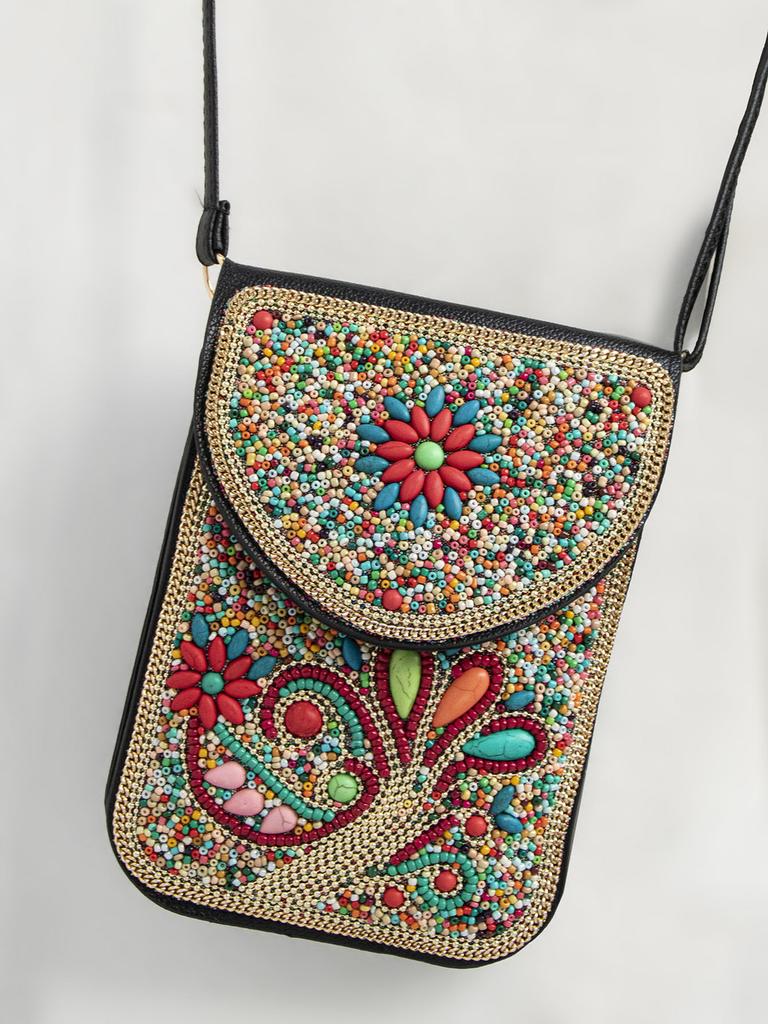 Bohemian Theme Pu Handbag With Magnetic Flap And Floral Accents For Daily Outings