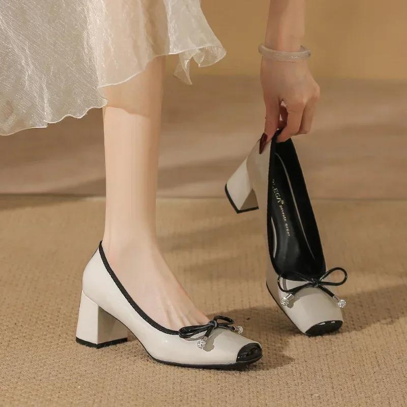 Fashion Square Toe Mary Jane Shoes Women Fashion Casual Chunky Ballet Shoes Shallow Bow Classic Brand High Heels Designer Female Pumps