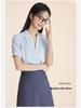 Women's Professional Short Sleeve V-Neck Satin Blouse - Iron-Free, Wrinkle-Resistant, Blue.