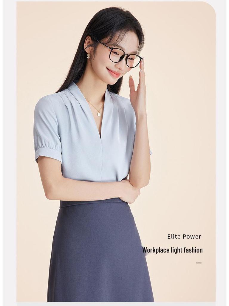 Women's Professional Short Sleeve V-Neck Satin Blouse - Iron-Free, Wrinkle-Resistant, Blue.