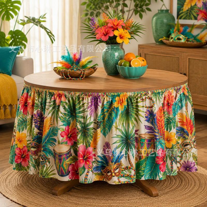 Tropical Plant Print Round Tablecloth Carnival Party Decor Festive Table Skirt In Geometric Abstract Design