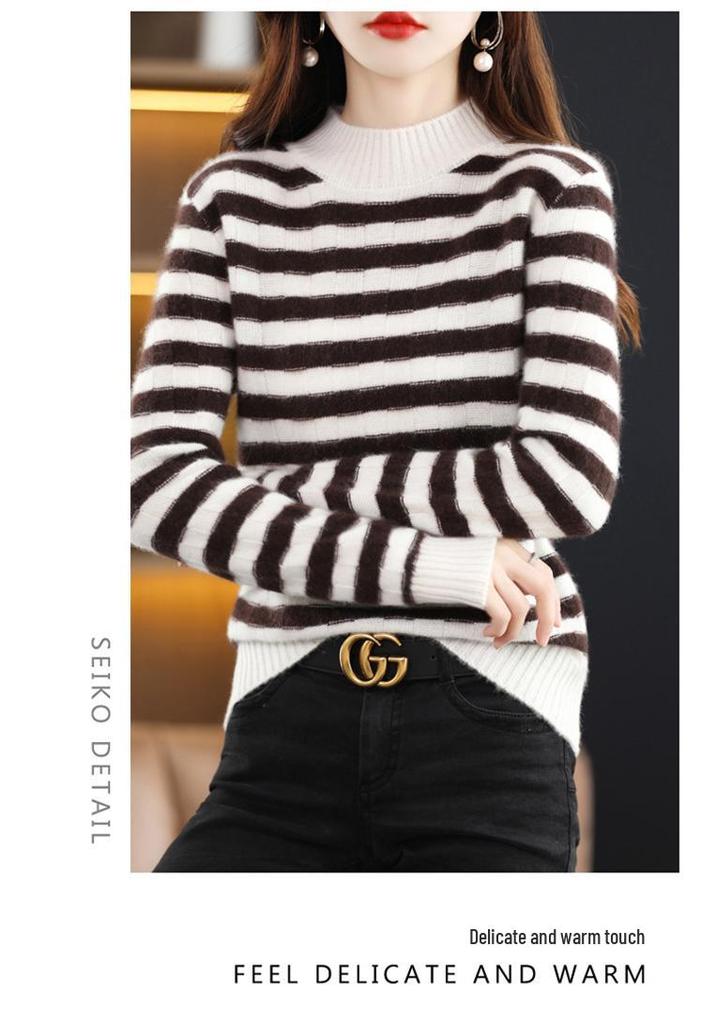Women's Pure Wool Half-High Neck Sweater - Loose, Versatile, Thickened Cashmere Knit for a Slimming Base Layer