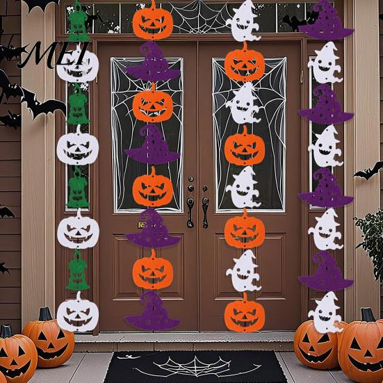 Non-woven Fabric Holiday Ornaments Halloween Party Felt Hanging Garland, Creepy Pumpkin Ghost Skull Witch Hat Living Room Wall Streamer, Horror Banner