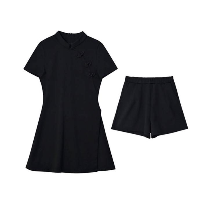 Costume deux pièces Pantalon Style Cheongsam Modifié Robe Noire Mode d'été Rétro Petite Robe Noire
