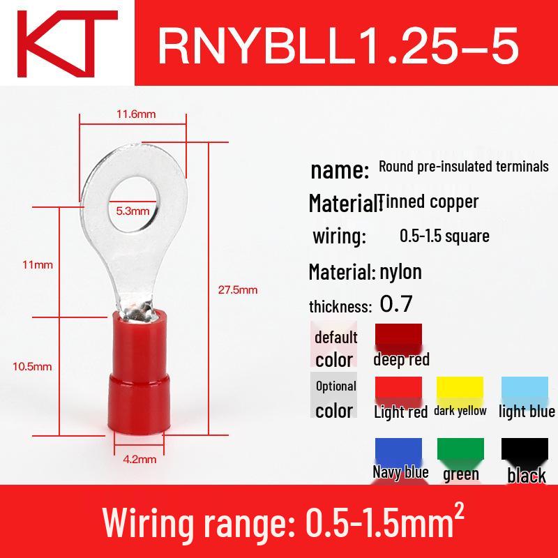 Kaisheng ROHS Copper Nylon Round OT Terminal Wire Lug RNYB1.25-3-3.5-4-5-6-8-10