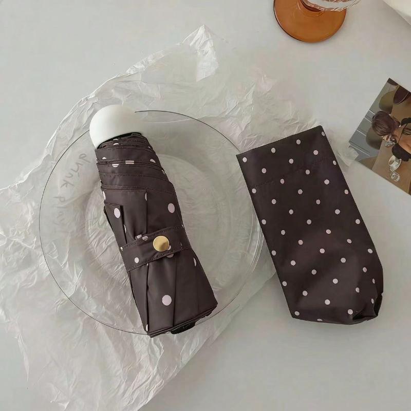Polka Dot Cute Folding Umbrella Black Coated UV Protection Dual Use Rain Sun for Student School Commute