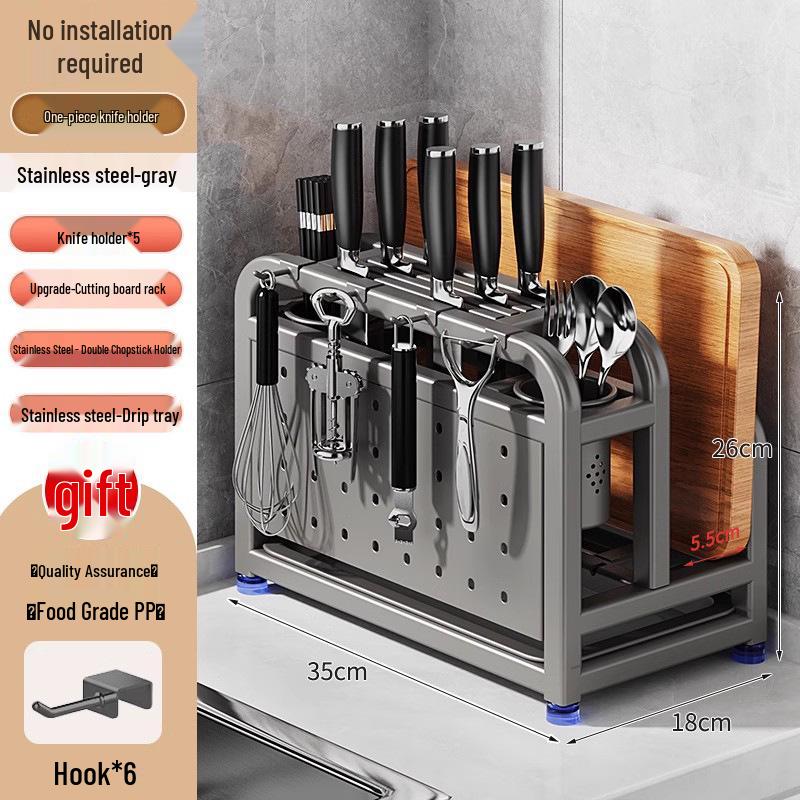 2025 Multi-functional Stainless Steel Kitchen Knife and Chopstick Holder with Cutting Board Storage.
