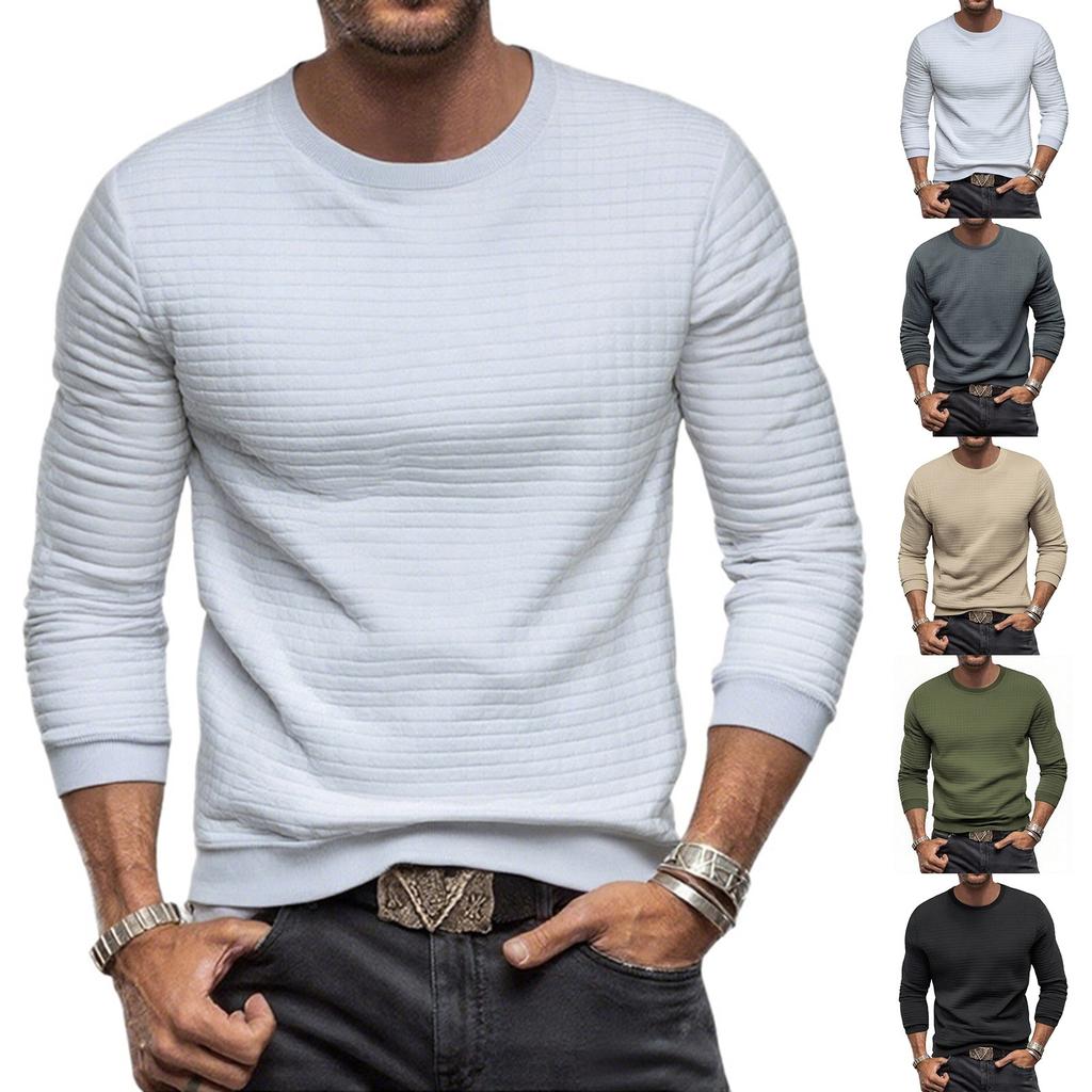 Men's Casual Long-Sleeved Checked Shirt, Slim-Fit Round-Neck Solid-Color Top