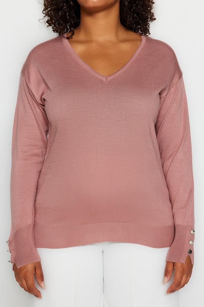 Damen Stil Übergröße Altrosa V-Ausschnitt Strickware Pullover mit Knopfdetails