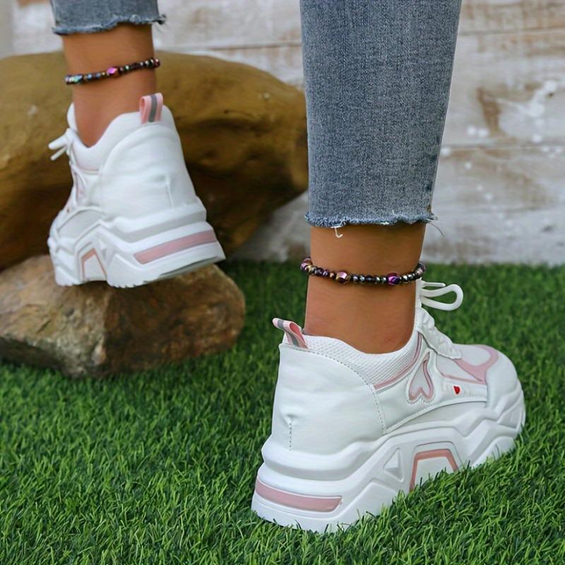 Women's Heart Patten Chunky Sneakers, Fashion Mesh Height Increasing Sports Shoes, Breathable Casual Outdoor Shoes