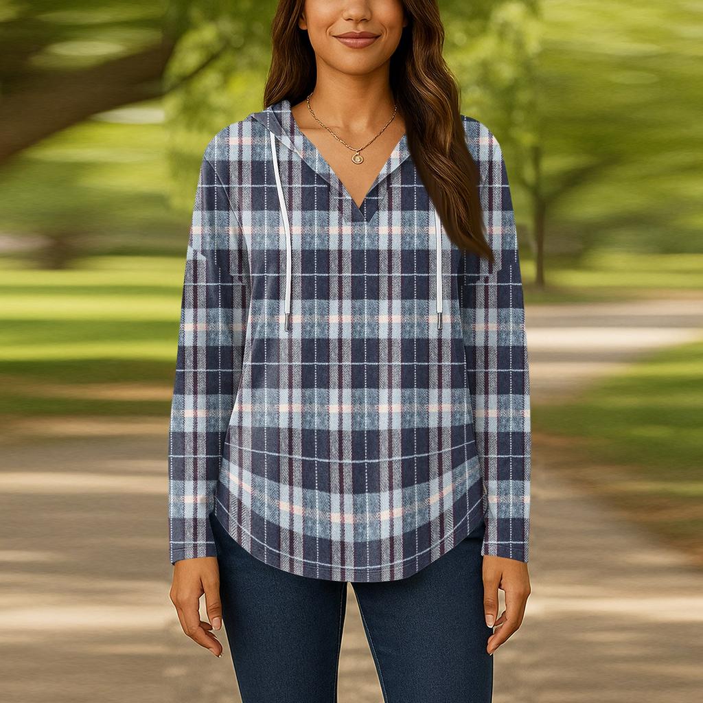 Damenmode Kapuzenpullover V-Ausschnitt Langarm Geblümter Kordelzug Lässig Locker Pullover Tops