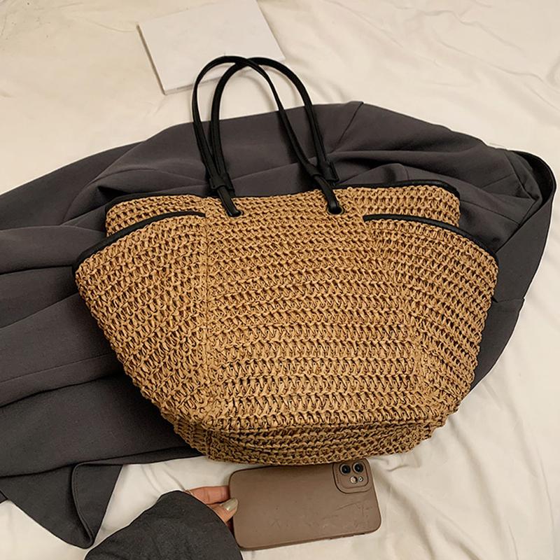 Multi Pockets Summer Beach Straw Shoulder Bag For Women Mesh Durable Travel Handbag Large Capacity Hollow Out Bucket Tote Bag