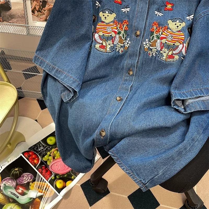 Broderte Teddybjørn Denim Dameskjorter Sommer Løse Kortarmede Bluser Amerikansk Retro Nedbrettskrage Cardigan