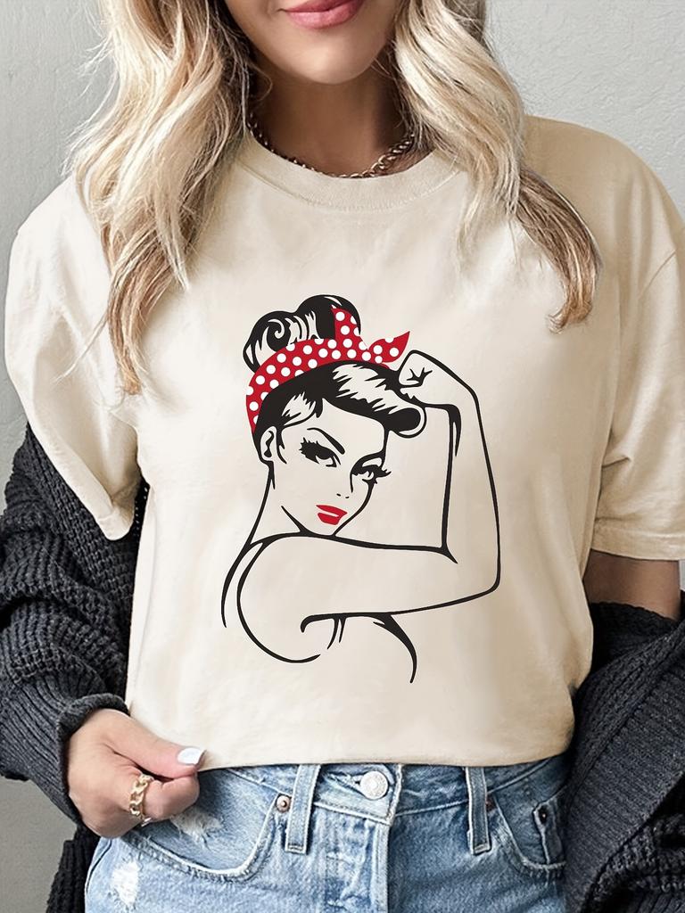 Powerful and Strong Girl Printed Tshirt Summer Womens Top Casual Short Sleeve Round Neck Printed Summer Clothing